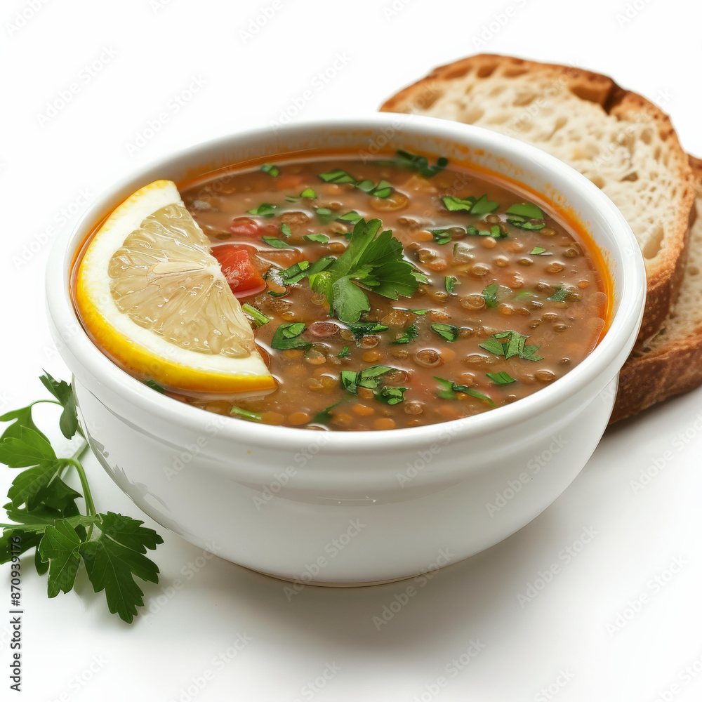 A delicious bowl of Turkish lentil soup garnished with lemon wedges and parsley, served with a side of bread, isolated on white background.