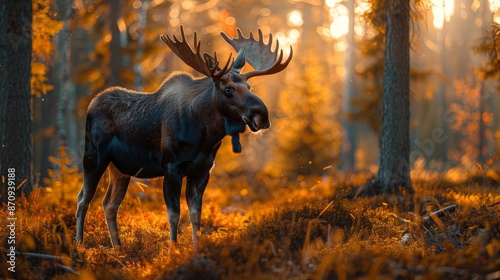 A majestic moose standing in a dense forest, with tall trees and dappled sunlight, early morning light