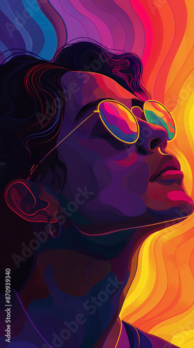 Young person wearing sunglasses looking up at lgbtq pride flag