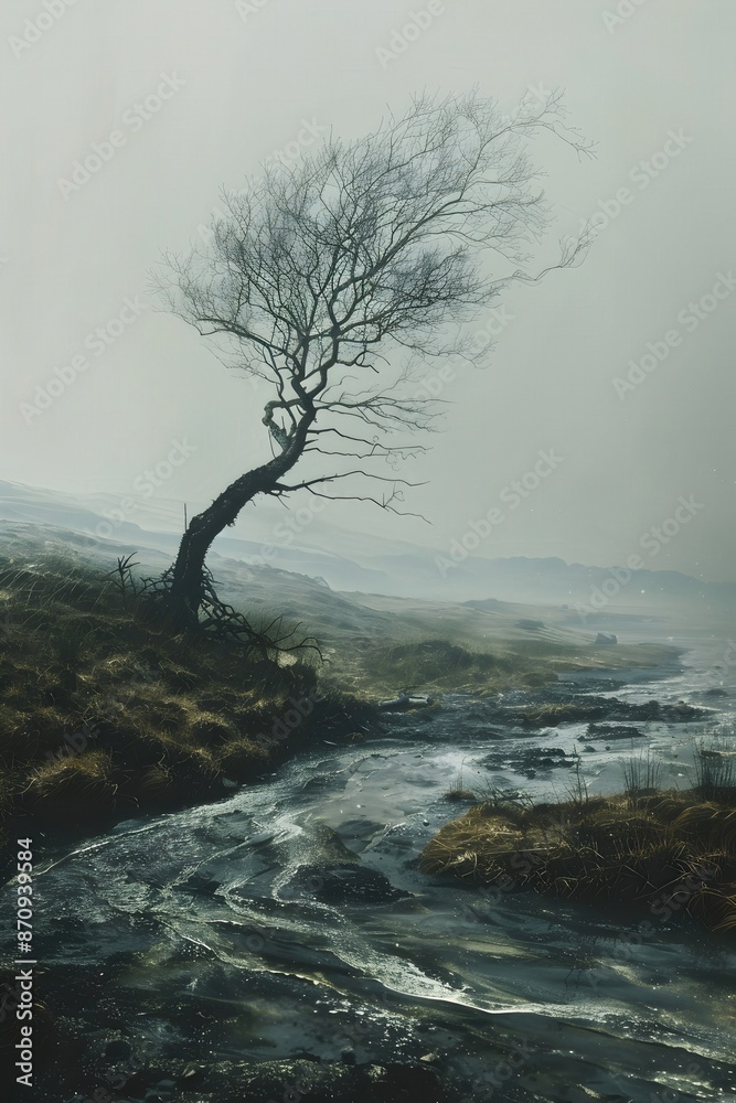 Brooding Landscape of a Desolate,Windswept Moor Shrouded in Thick Fog with a Lone,Solitary Tree