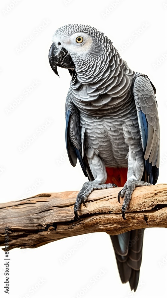 Obraz premium African gray parrot bird perched on a log isolated on white background
