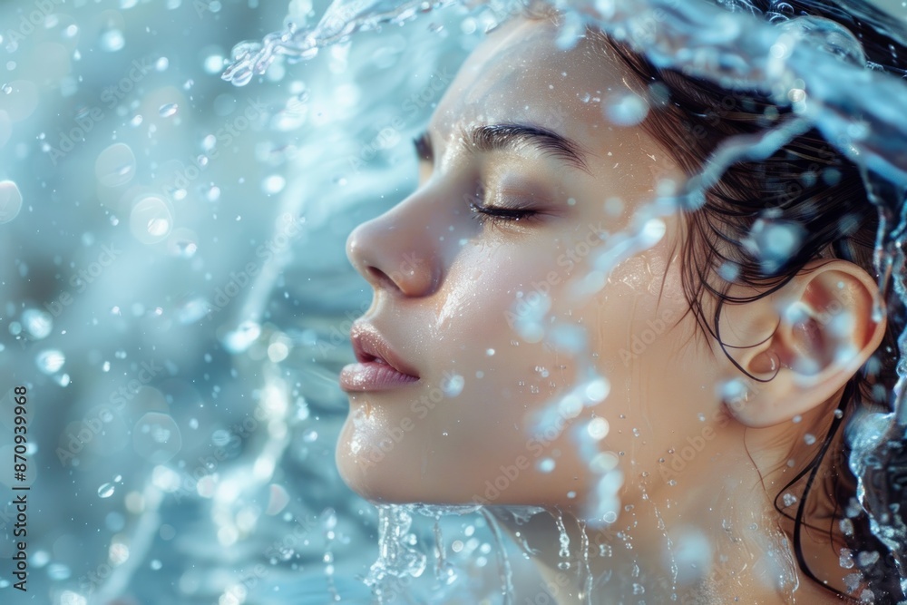 skin care and wellbeing concept with woman face from profile standing in splash of fresh water. ai generative skin care and wellbeing concept with woman face from profile standing in splash of fresh water. ai generative
