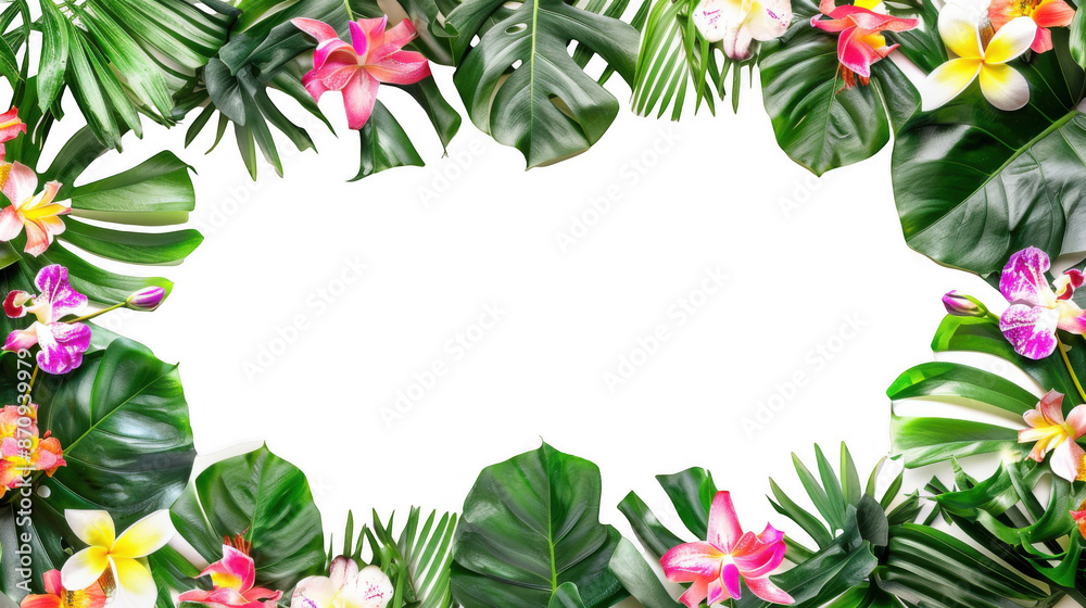Fototapeta premium Colorful Floral Border with Monstera Leaves