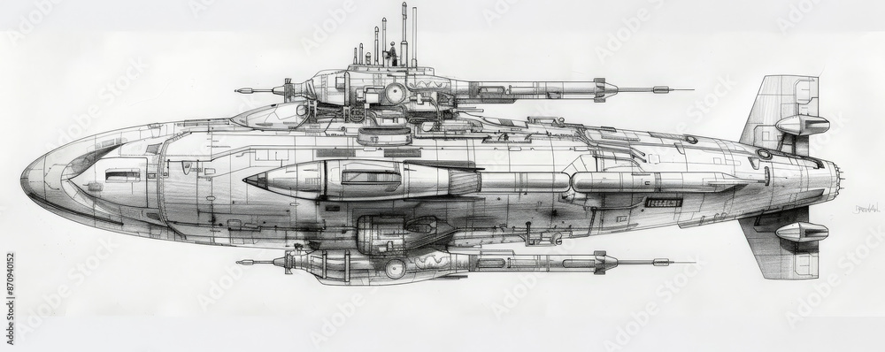 Obraz premium A detailed drawing of a combat submarine, showcasing its torpedo tubes, sonar equipment, and stealth design. The white background highlights the submarine's advanced engineering and combat