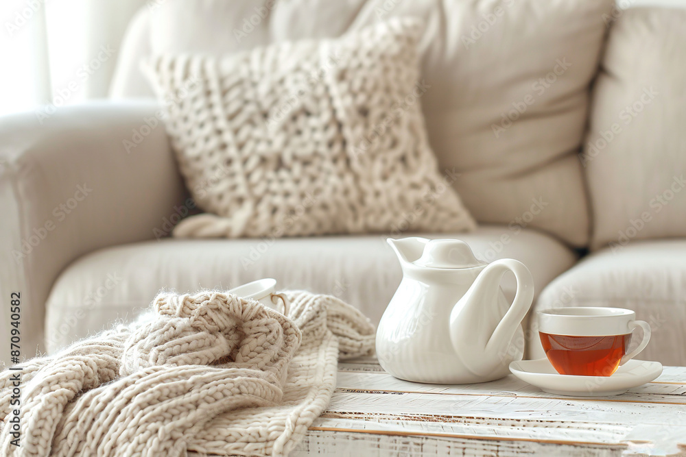 Cozy home interior with teapot, cup of tea and knitted blanket on white wooden table against the backdrop of cozy sofa in living room. Cozy home interior with teapot, cup of tea and knitted blanket on white wooden table against the backdrop of cozy sofa in living room.