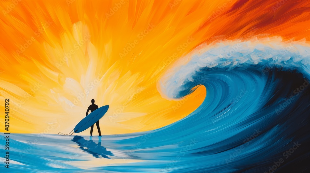 Surfer holding a blue board underarm, gazing at the horizon with crashing waves, dramatic sunset sky, peaceful and contemplative scene Surfer holding a blue board underarm, gazing at the horizon with crashing waves, dramatic sunset sky, peaceful and contemplative scene