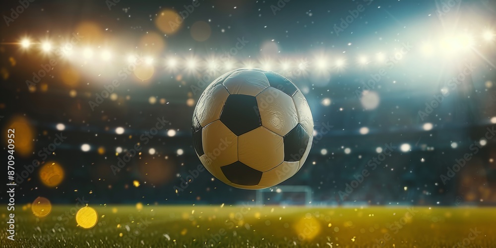 Fototapeta premium A soccer ball in closeup flying in the air on a big soccer field stadium at night filled with stadium lights and copy space