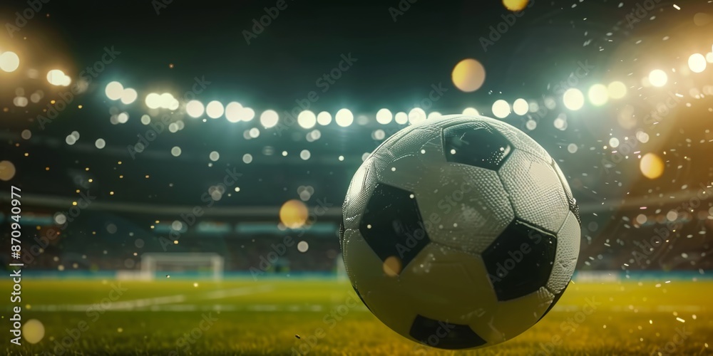 Fototapeta premium A soccer ball in closeup flying in the air on a big soccer field stadium at night filled with stadium lights and copy space