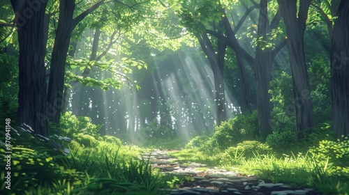 A serene anime-style forest path with dappled sunlight filtering through the trees, creating a peaceful, lo-fi ambiance