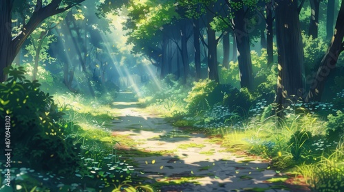 A serene anime-style forest path with dappled sunlight filtering through the trees, creating a peaceful, lo-fi ambiance