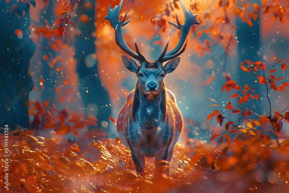 Majestic Deer Standing Tall Amidst Lush Autumn Landscape with Delicate Antlers and Cinematic Lighting Majestic Deer Standing Tall Amidst Lush Autumn Landscape with Delicate Antlers and Cinematic Lighting
