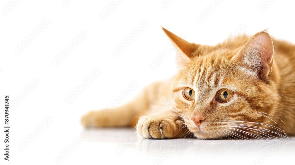 Fototapeta premium Orange tabby cat resting with paw on table on white background