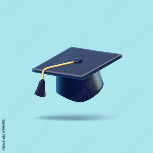 Graduation cap, 3D. For higher education, graduation ceremony, goal achievement concepts. Minimalist icon for education and educational institutions. Vector