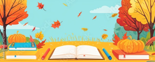 Open book on a fall background with pumpkins and trees.