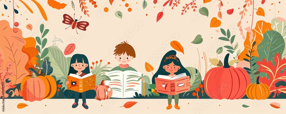 Four children reading books in autumn setting Four children reading books in autumn setting