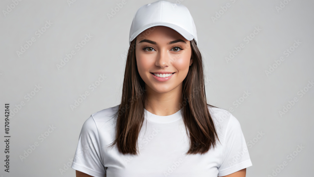 Young woman wearing white t-shirt and white baseball cap isolated on grey background
