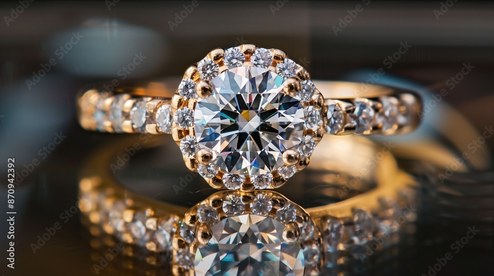 A close-up of a gold ring with a large, brilliant-cut diamond in the center, surrounded by smaller diamonds, resting on a reflective surface that enhances the sparkle.