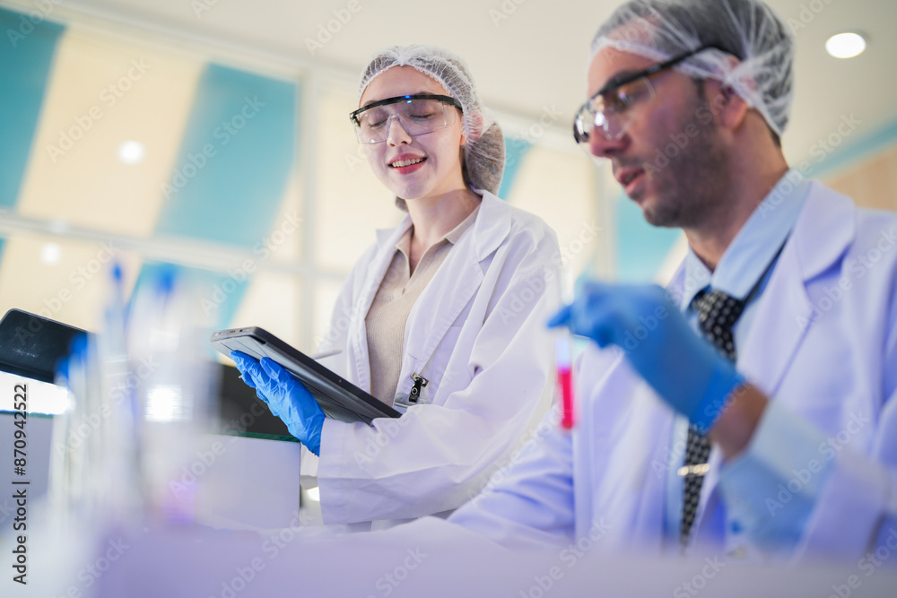 Obraz premium scientist doctors wear lab coat. Chemicals serums and antibiotics are being tested for treatment of people and animals. and make dietary supplements. product testing room clean in a modern laboratory.