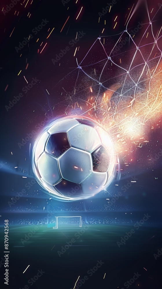 Fototapeta premium Illustration of a glowing soccer ball flying towards the goal with a trail of light
