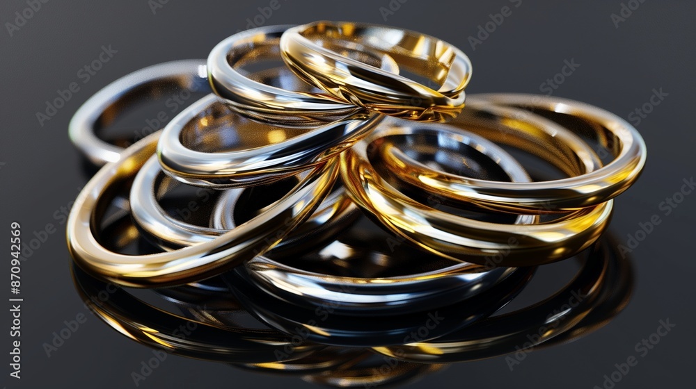/imagine A collection of interlocking rings in various shades of gold and silver, arranged in a spiral formation on a glossy black background. /imagine A collection of interlocking rings in various shades of gold and silver, arranged in a spiral formation on a glossy black background.
