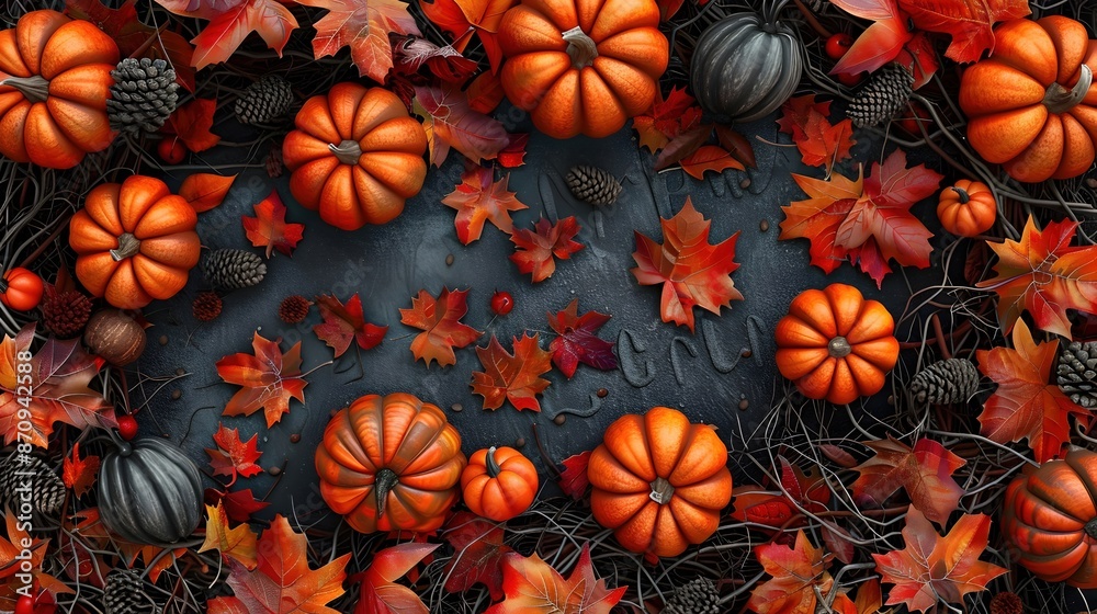 Striking Autumnal Pumpkin and Leaf Pattern with Woven Twigs in Rich Hues