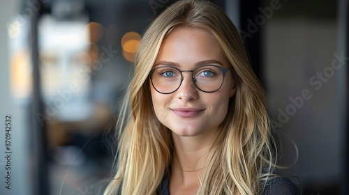 Close up portrait of young caucasian woman with blonde hair and blue eyes in modern office