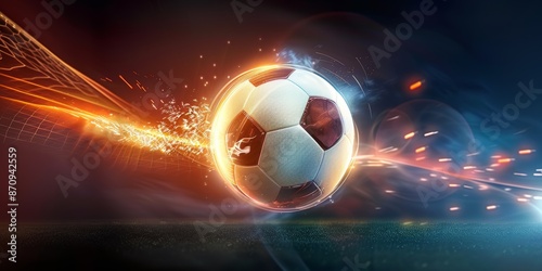 Illustration of a glowing soccer ball flying towards the goal with a trail of light, depicting a high-stakes penalty kick photo