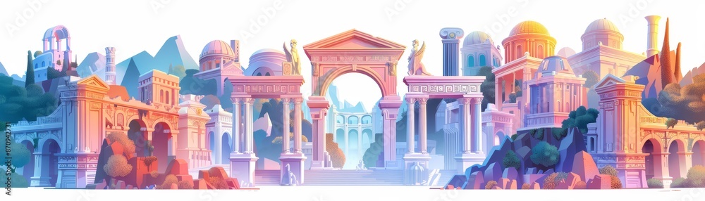 Obraz premium Watercolor painting of an ancient city with various buildings and structures.