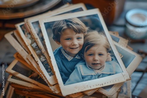 stack of polaroid photos of kids and family. ai generative