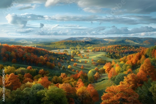 Vibrant Autumn Panorama:Serene Rural Landscape with Colorful Foliage and Distant Mountains