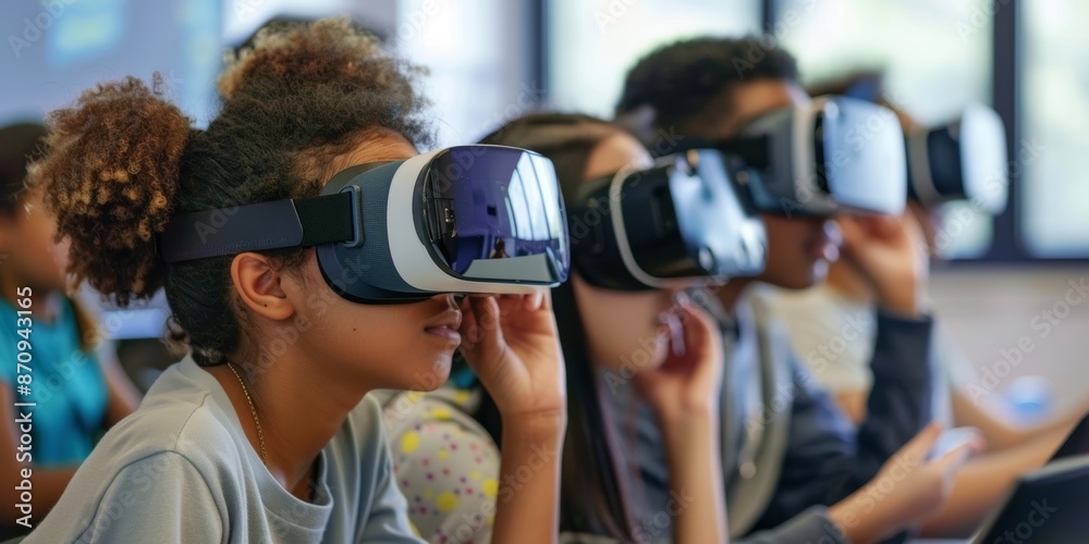 Teenage students using virtual reality goggles in computer science class at school exploring technology Teenage students using virtual reality goggles in computer science class at school exploring technology