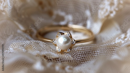 /imagine A delicate gold ring with a pearl centerpiece, placed on a lace fabric, with soft lighting enhancing the ring's delicate and feminine design. photo