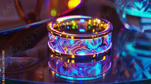 /imagine A futuristic ring with holographic effects, shimmering in vibrant neon colors, placed on a glass table. photo