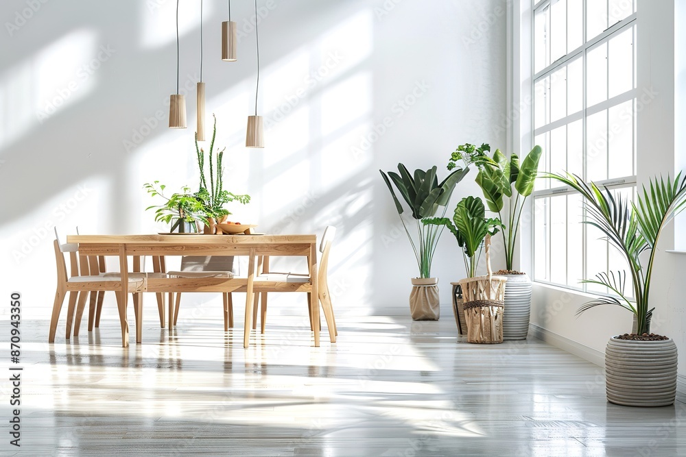 Modern dining room interior with a designed wooden table and chairs, plants in the white space, scandinavian style home Modern dining room interior with a designed wooden table and chairs, plants in the white space, scandinavian style home