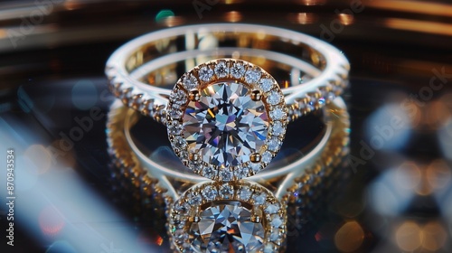 /imagine A gold halo ring with a center diamond and smaller diamonds encircling it, placed on a mirrored surface to create a stunning visual effect with reflections. photo