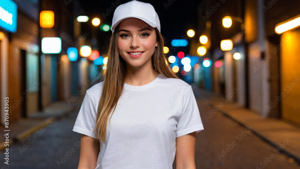 Young woman wearing white t-shirt and white baseball cap standing in a city alley at night Young woman wearing white t-shirt and white baseball cap standing in a city alley at night