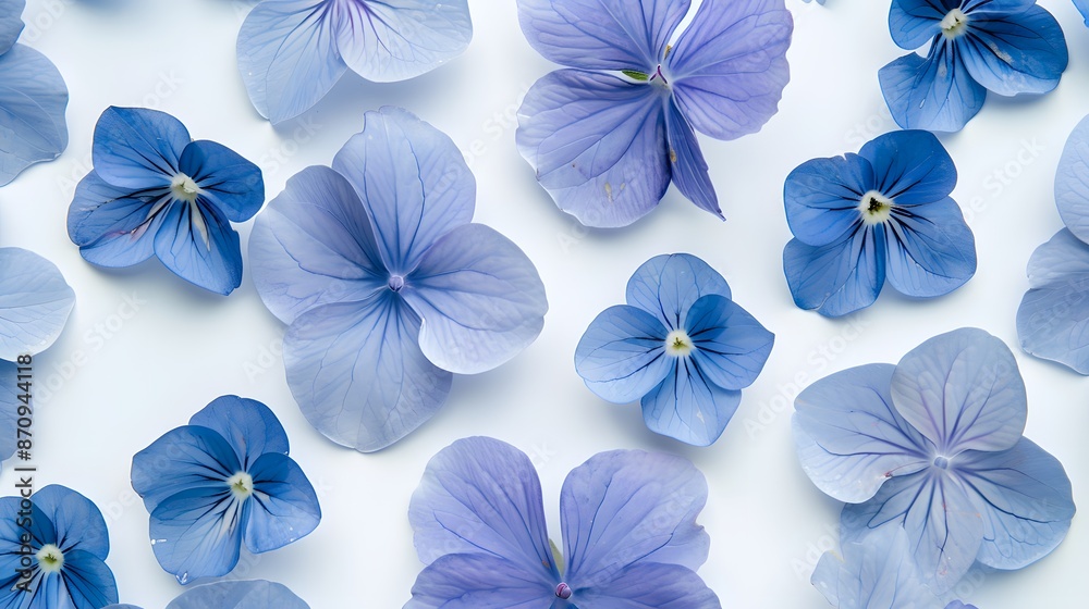 Fototapeta premium A close-up view of delicate blue flowers arranged beautifully on a pristine white background, highlighting the intricate details and vibrant colors of each petal