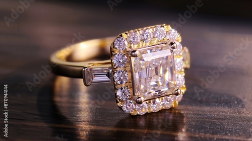 /imagine A luxurious gold ring with a radiant-cut diamond, surrounded by baguette-cut diamonds, displayed on a dark wooden surface with subtle, warm lighting. photo