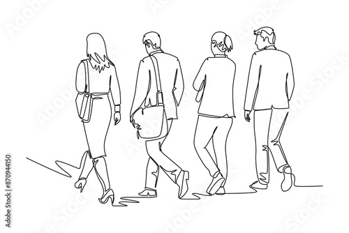 Single continuous line drawing back view of young male and female managers talking and walking together on office parking area. Urban commuter workers. One line draw graphic design vector illustration