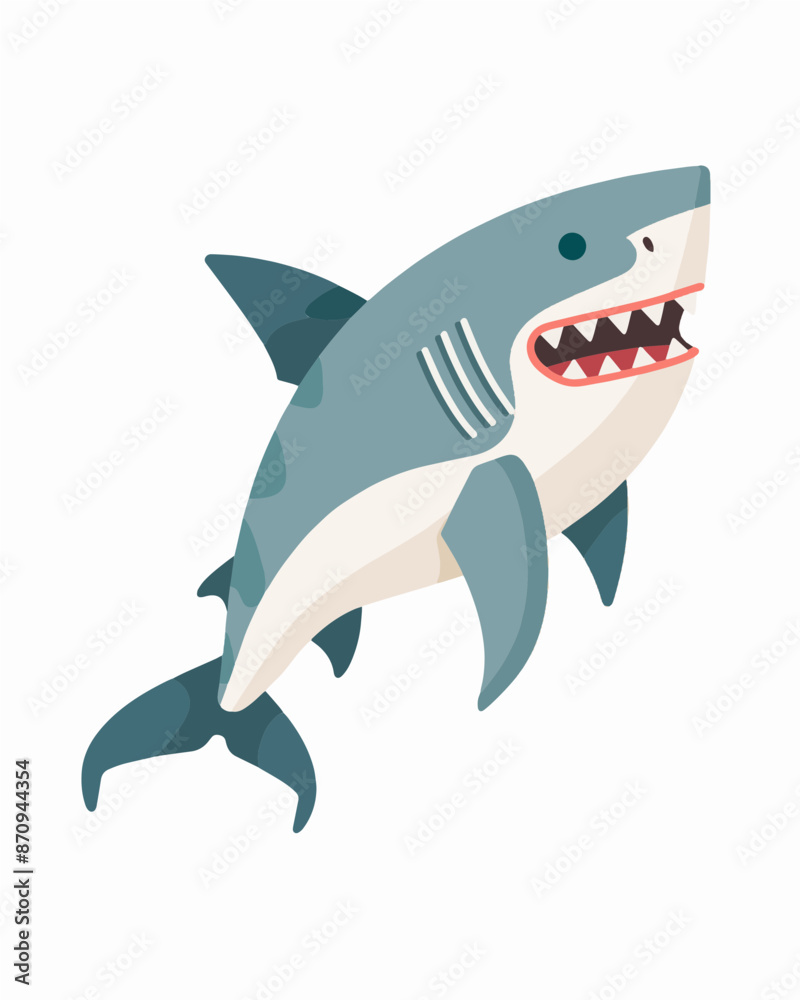 Fototapeta premium Blue great white killer shark showing sharp teeth. Video game asset completely lossless resizable vector art design on white background generative ai