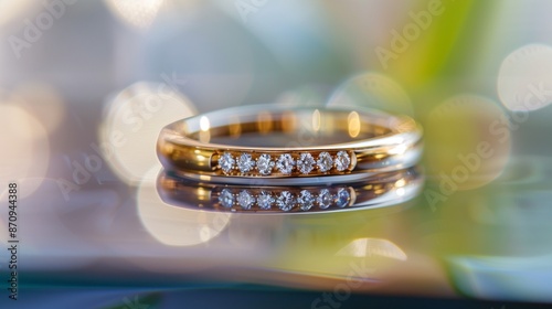 /imagine A minimalist gold band with a row of channel-set diamonds, resting on a reflective glass surface with a bokeh effect in the background. photo