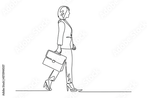 Single one line drawing side view of female manager walking relax on city street to go to office while holding document. Urban commuter worker. Continuous line draw design graphic vector illustration
