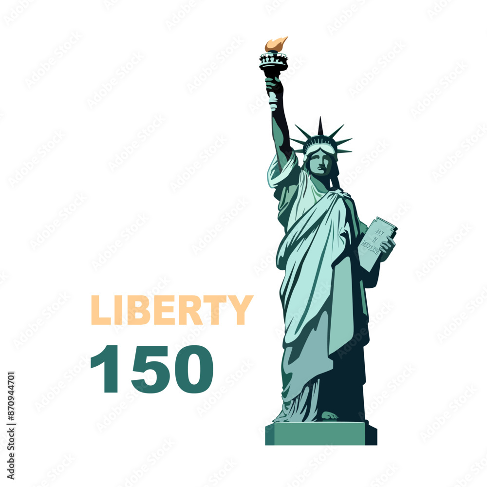 Fototapeta premium Statue of Liberty monument, poster. 150 years. July 4, USA Independence Day. Green flat design template. Holiday, welcome to America USA. New York symbol, banner, advertisement Vector illustration 
