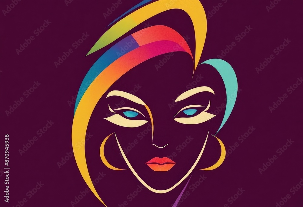 The image portrays a striking illustration of a woman's face, which is the central focus against a vibrant purple backdrop The woman is adorned with large earrings that are gold in color and shaped The image portrays a striking illustration of a woman's face, which is the central focus against a vibrant purple backdrop The woman is adorned with large earrings that are gold in color and shaped