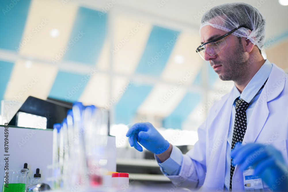 esteemed scientist man elegantly dressed in lab coats are meticulously testing chemicals innovative serums and cutting edge antibiotics to pioneer treatments for humans. crafting dietary supplements.