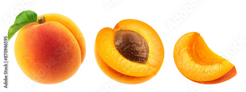 Set of whole apricot, half and slice of apricot isolated on a transparent background.