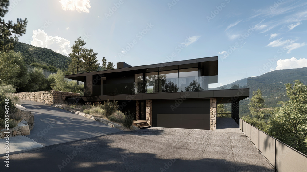 Realistic photograph of dark tone modern residential project design. Exterior view of contemporary private resort in natural landscape. Realistic photograph of dark tone modern residential project design. Exterior view of contemporary private resort in natural landscape.