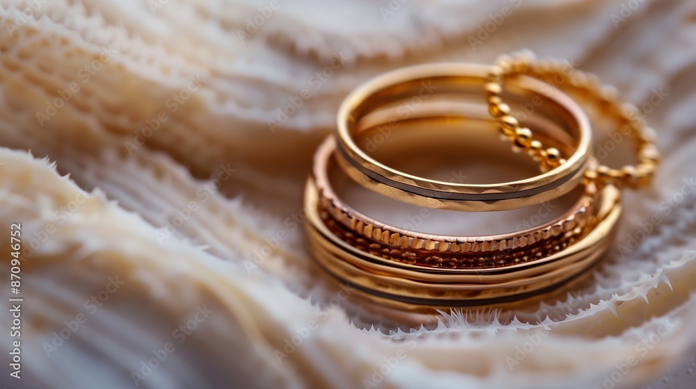 /imagine A stack of thin gold rings, each with a different texture and finish, arranged in a visually pleasing manner on a smooth, neutral background. /imagine A stack of thin gold rings, each with a different texture and finish, arranged in a visually pleasing manner on a smooth, neutral background.