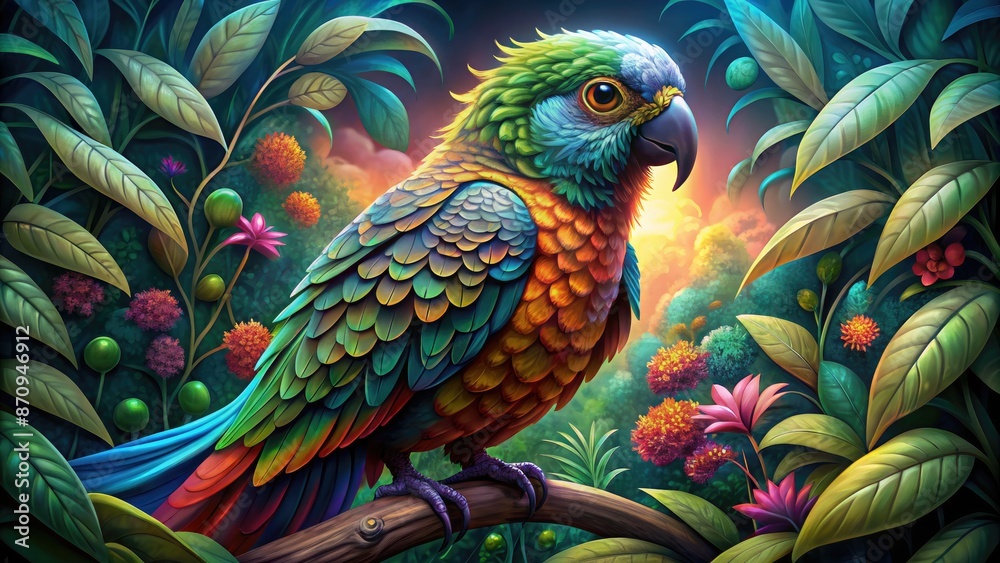 Fototapeta premium Colorful parrot perched on a tropical branch.