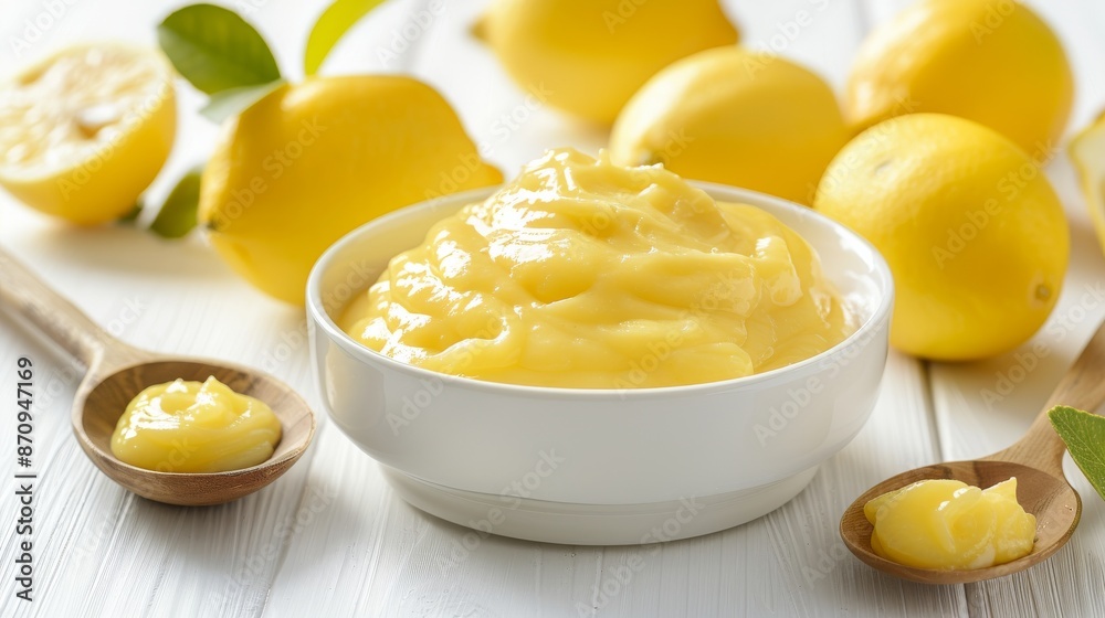Bowl of lemon curd with fresh lemons on white wooden table, close-up view. Dessert and citrus concept Bowl of lemon curd with fresh lemons on white wooden table, close-up view. Dessert and citrus concept
